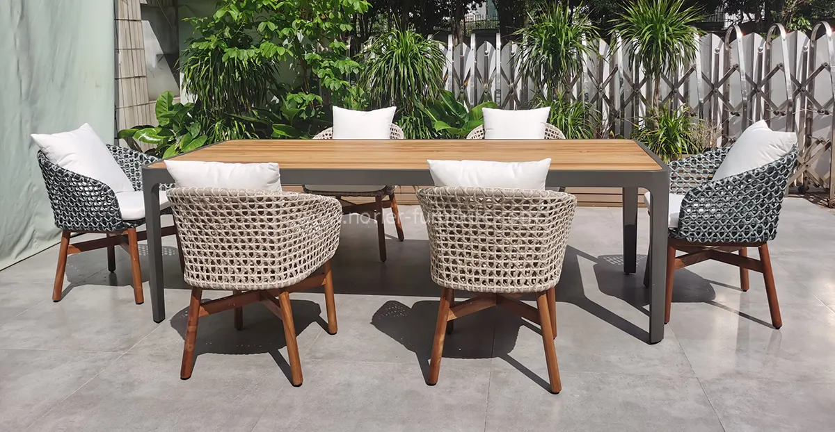 Outdoor Teak Aluminum Frame PE Rattan Dining Set