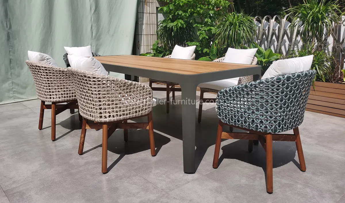 Outdoor Teak Aluminum Frame PE Rattan Dining Set