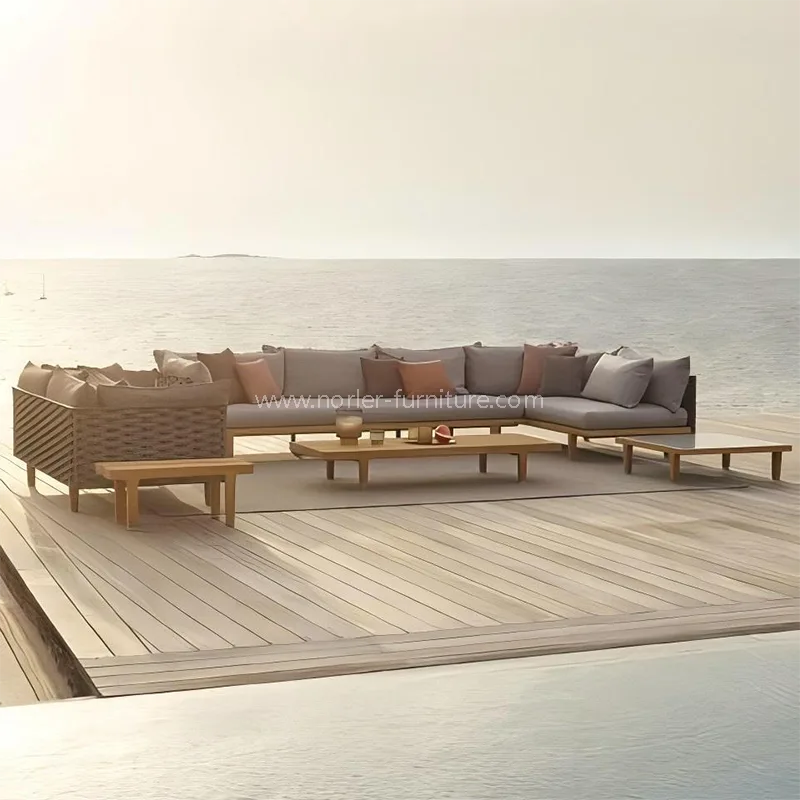 Modern açık tik ahşap çerçeve ip dokuma kanepe