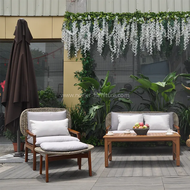 Açık havaya dayanıklı tik ahşap rattan kanepe seti